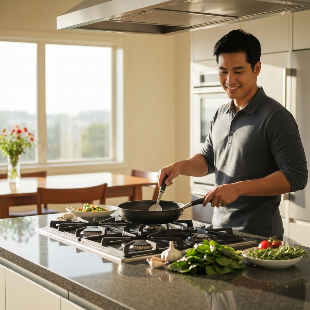 Home cook using Gotham Steel non-stick cookware in a modern kitchen