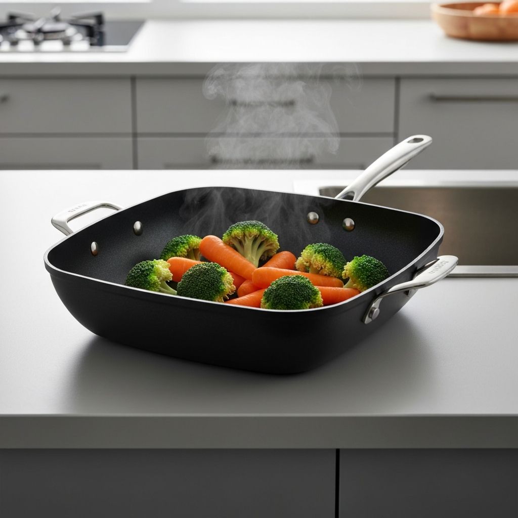Gotham Steel Deep Square Pan with vegetables steaming inside