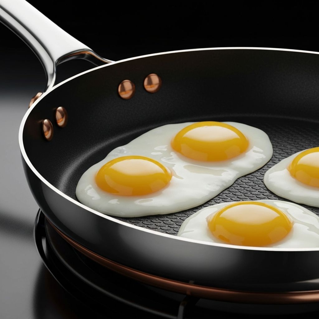Eggs sliding effortlessly off a Gotham Steel non-stick frying pan demonstrating Ti-Cerama technology