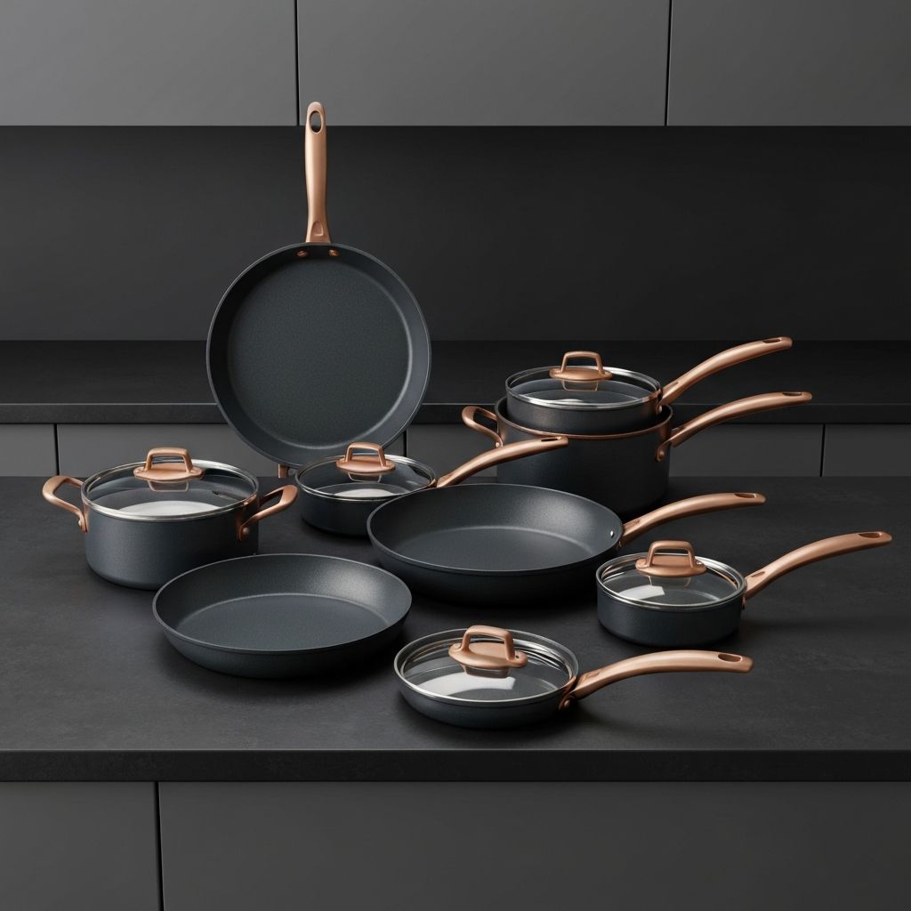 Gotham Steel 10-piece cookware starter set on dark counter